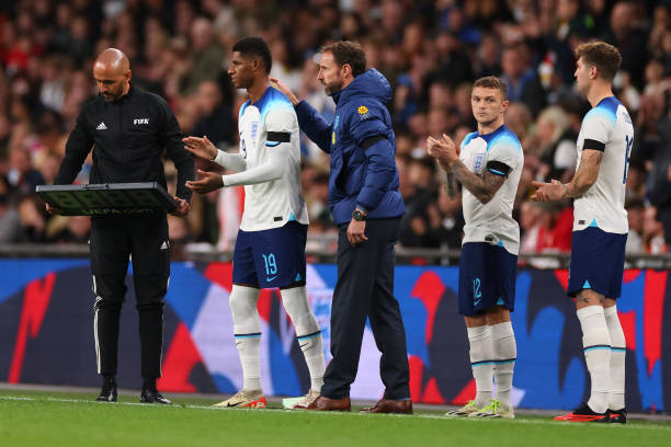 LONDON, ENGLAND - OCTOBER 13: Marcus Rashford of England with Manager Gareth Southgate during the international friendly match between England and Australia at Wembley Stadium on October 13, 2023 in London, England. (Photo by Marc Atkins/Getty Images)