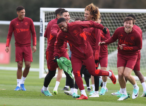 MANCHESTER, ENGLAND - OCTOBER 23: Anthony Martial, Diogo Dalot, Hannibal Mejbri, Victor Lindelof of Manchester United in action during a first team training session at Carrington Training Ground on October 23, 2023 in Manchester, England. (Photo by Matthew Peters/Manchester United via Getty Images)