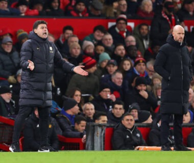 MANCHESTER, ENGLAND - DECEMBER 6: Mauricio Pochettino the head coach / manager of Chelsea reacts during the Premier League match between Manchester United and Chelsea FC at Old Trafford on December 6, 2023 in Manchester, United Kingdom. (Photo by Robbie Jay Barratt - AMA/Getty Images)