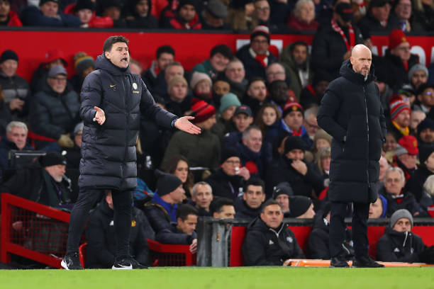 MANCHESTER, ENGLAND - DECEMBER 6: Mauricio Pochettino the head coach / manager of Chelsea reacts during the Premier League match between Manchester United and Chelsea FC at Old Trafford on December 6, 2023 in Manchester, United Kingdom. (Photo by Robbie Jay Barratt - AMA/Getty Images)