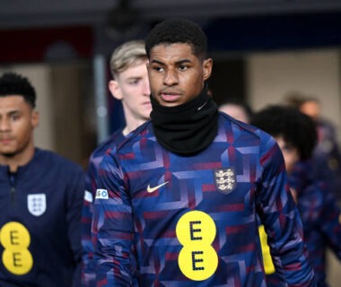 LONDON, ENGLAND - MARCH 26: Marcus Rashford and teammates of England take to the pitch ahead of the warm up during the international friendly match between England and Belgium at Wembley Stadium on March 26, 2024 in London, England. (Photo by Michael Regan - The FA/The FA via Getty Images)