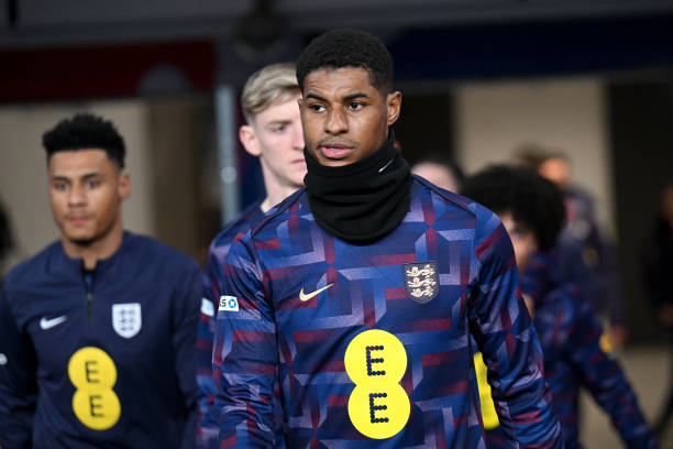 LONDON, ENGLAND - MARCH 26: Marcus Rashford and teammates of England take to the pitch ahead of the warm up during the international friendly match between England and Belgium at Wembley Stadium on March 26, 2024 in London, England. (Photo by Michael Regan - The FA/The FA via Getty Images)