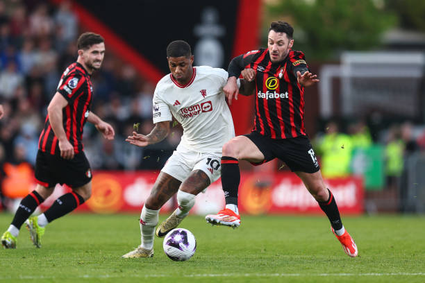 BOURNEMOUTH, ENGLAND - APRIL 14: Marcus Rashford of Manchester United and Adam Smith of Bournemouth during the Premier League match between AFC Bournemouth and Manchester United at Vitality Stadium on April 14, 2024 in Bournemouth, England.(Photo by Charlotte Wilson/Offside/Offside via Getty Images)