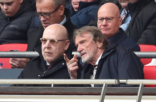 LONDON, ENGLAND - APRIL 21: Sir Jim Ratcliffe (R) and Avram Glazer owner of Manchester United during the Emirates FA Cup Semi Final match between Coventry City and Manchester United at Wembley Stadium on April 21, 2024 in London, England.(Photo by Crystal Pix/MB Media/Getty Images)