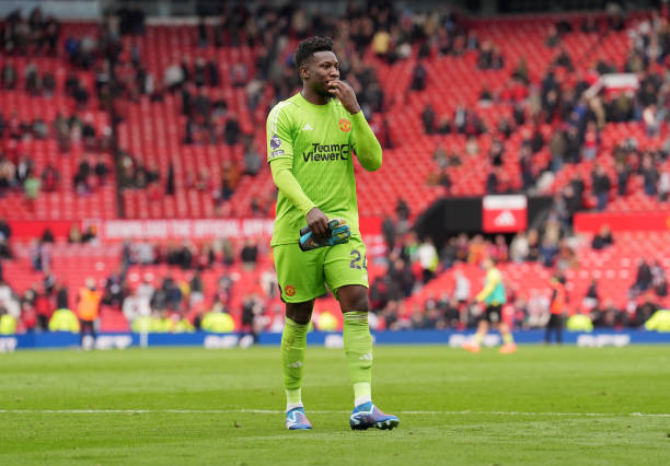 Manchester United goalkeeper Andre Onana after the Premier League match at Old Trafford, Manchester. Picture date: Saturday April 27, 2024. (Photo by Martin Rickett/PA Images via Getty Images)