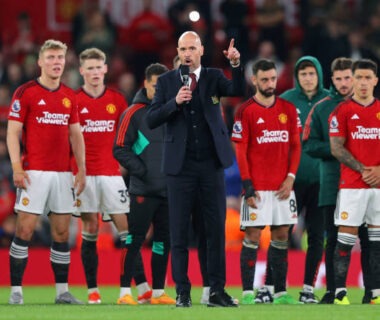 MANCHESTER, ENGLAND - MAY 15: Erik ten Hag the manager of Manchester United addresses their supporters after the Premier League match between Manchester United and Newcastle United at Old Trafford on May 15, 2024 in Manchester, England. (Photo by James Gill - Danehouse/Getty Images)