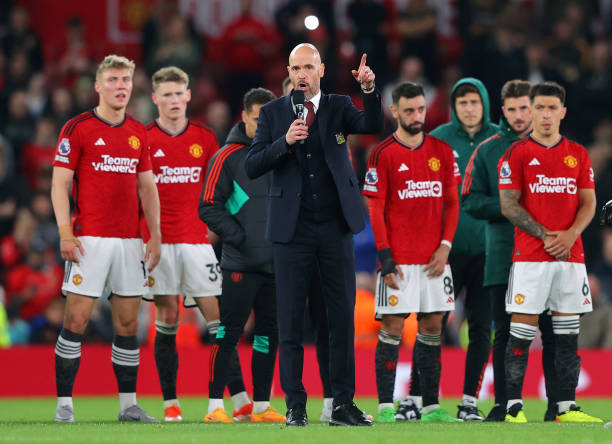 MANCHESTER, ENGLAND - MAY 15: Erik ten Hag the manager of Manchester United addresses their supporters after the Premier League match between Manchester United and Newcastle United at Old Trafford on May 15, 2024 in Manchester, England. (Photo by James Gill - Danehouse/Getty Images)