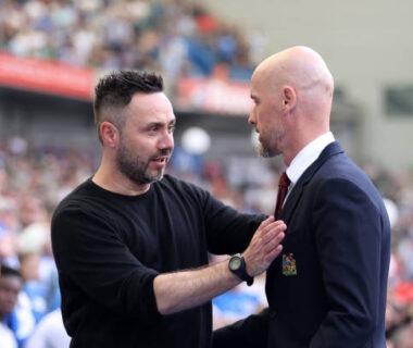 BRIGHTON, ENGLAND - MAY 19: Roberto De Zerbi, Manager of Brighton & Hove Albion, and Erik ten Hag, Manager of Manchester United, embrace prior to the Premier League match between Brighton & Hove Albion and Manchester United at American Express Community Stadium on May 19, 2024 in Brighton, England. (Photo by Michael Steele/Getty Images)