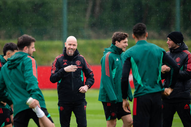 MANCHESTER, ENGLAND - MAY 22: Manager Erik ten Hag of Manchester United in action during a first team training session at Carrington Training Ground on May 22, 2024 in Manchester, England. (Photo by Ash Donelon/Manchester United via Getty Images)