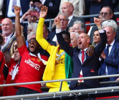 LONDON, ENGLAND - MAY 25: Manchester United manager Erik Ten Hag celebrates following the Emirates FA Cup Final match between Manchester City and Manchester United at Wembley Stadium on May 25, 2024 in London, England. (Photo by Chris Brunskill/Fantasista/Getty Images)