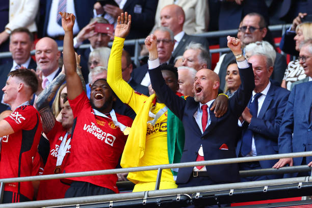 LONDON, ENGLAND - MAY 25: Manchester United manager Erik Ten Hag celebrates following the Emirates FA Cup Final match between Manchester City and Manchester United at Wembley Stadium on May 25, 2024 in London, England. (Photo by Chris Brunskill/Fantasista/Getty Images)