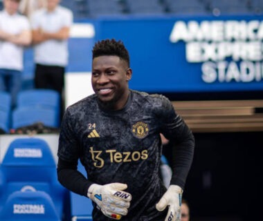 BRIGHTON, ENGLAND - MAY 19: Andre Onana of Manchester United warms up ahead of the Premier League match between Brighton & Hove Albion and Manchester United at American Express Community Stadium on May 19, 2024 in Brighton, England. (Photo by Ash Donelon/Manchester United via Getty Images)